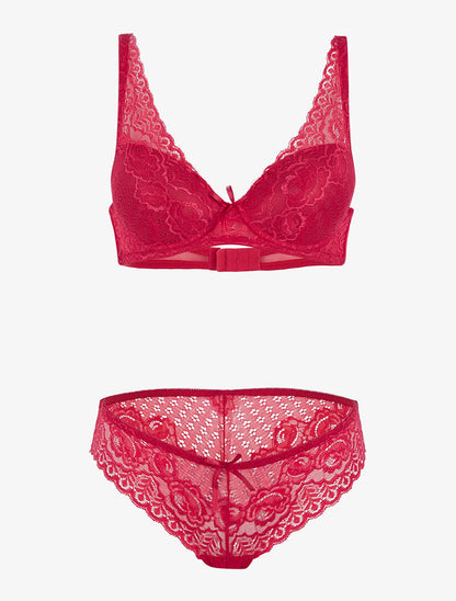 Ensemble en dentelle et décolleté en V - rouge - 3