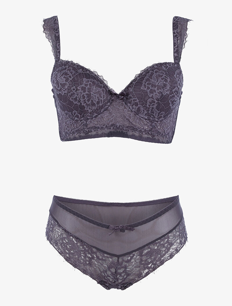 Ensemble en résille et dentelle fleurie - gris foncé - 1