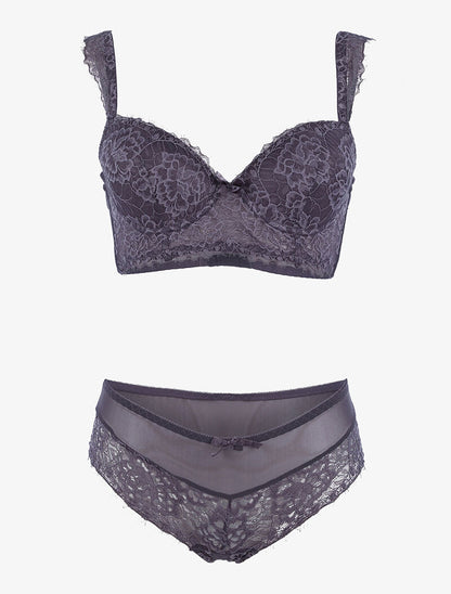 Ensemble en résille et dentelle fleurie - gris foncé - 1