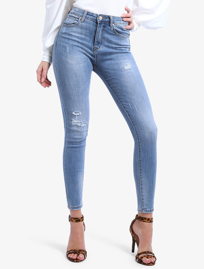 Jean effet usé et griffé - denim clair - 1