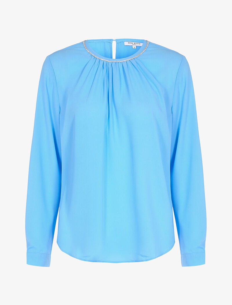 Blouse à col orné de strass - bleu ciel - 1