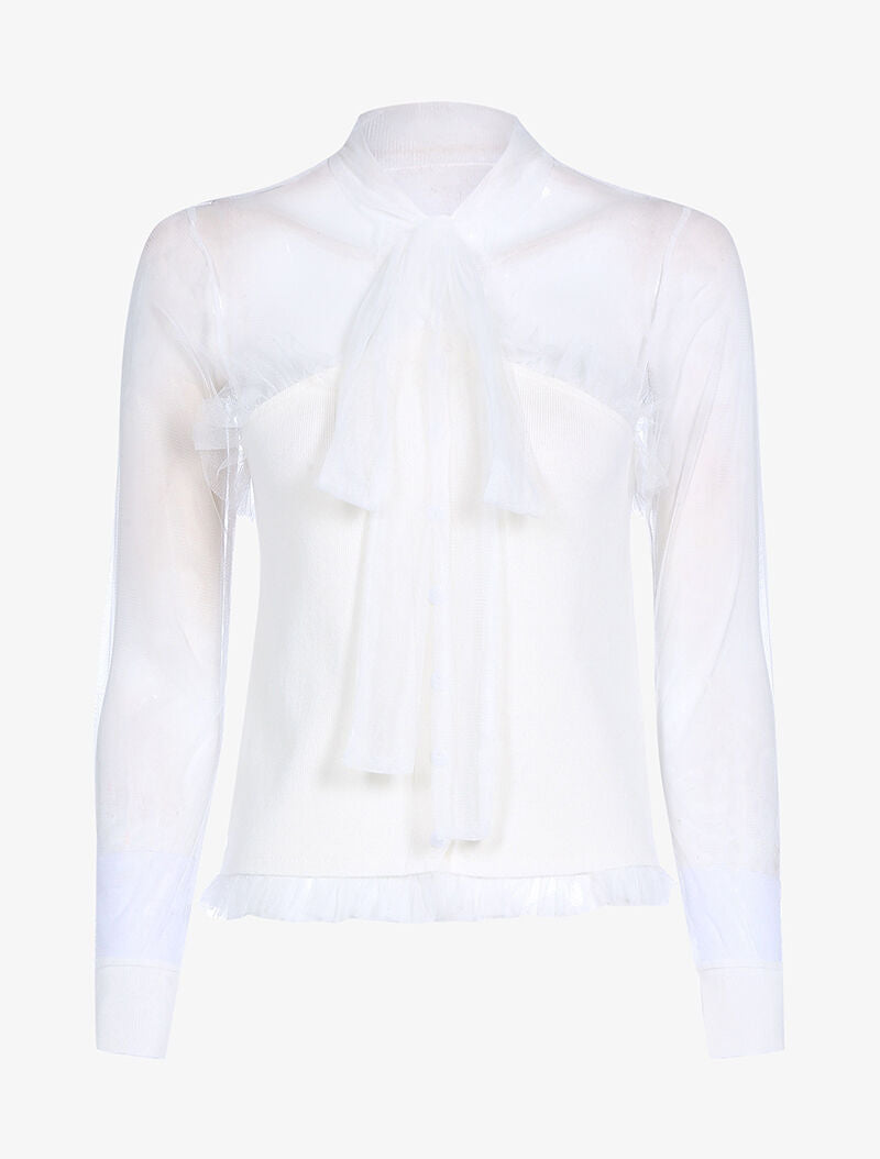 Pull bi matière à boutonnière - blanc - 1