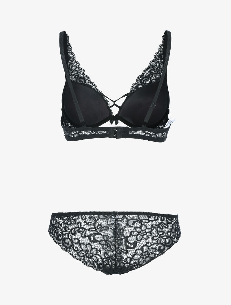 Ensemble en dentelle festonnée fleurie - noir - 2
