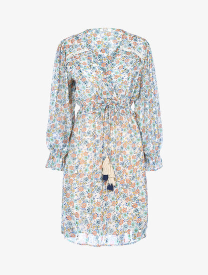 Robe imprimé à taille volantée et pompons - ecru - 3