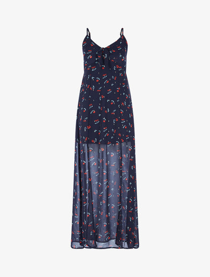 Robe longue fendue en voile imprimé - bleu nuit - 3