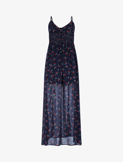 Robe longue fendue en voile imprimé - bleu nuit - 2