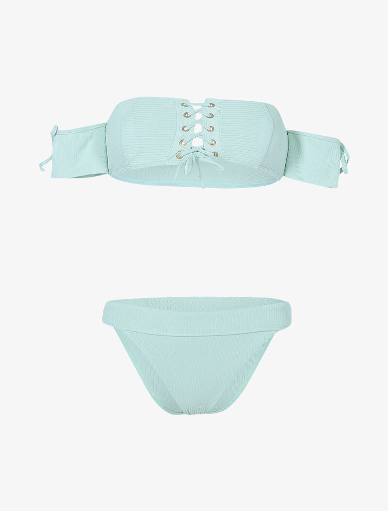 Bikini côtelé à corsage et tanga ajouré - vert d&