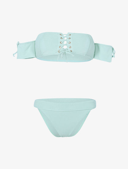Bikini côtelé à corsage et tanga ajouré - vert d&