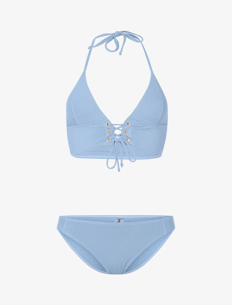 Bikini triangle côtelé à corset - bleu - 3