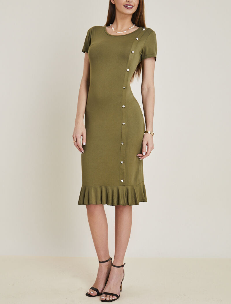 Robe à boutonnière et bord volanté - kaki - 3