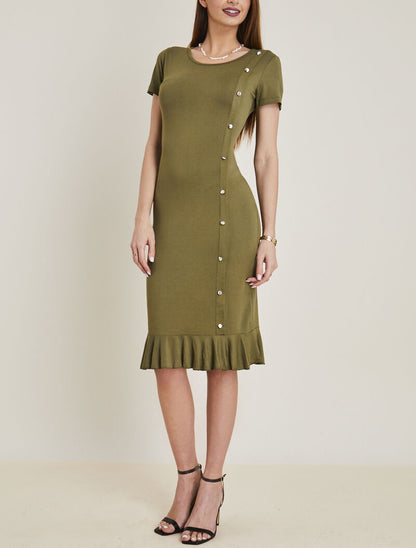 Robe à boutonnière et bord volanté - kaki - 3