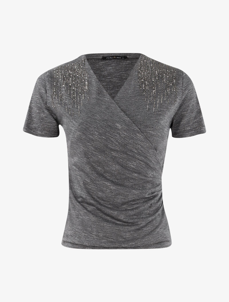 Top chiné à épaules strassées - gris foncé - 1