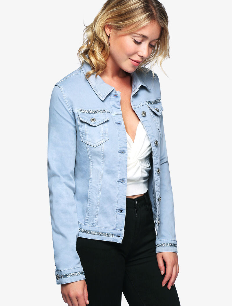 Veste en jean à bord strassé - bleu - 3