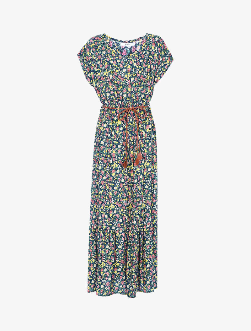 Robe longue à imprimé petites fleurs - marine - 1