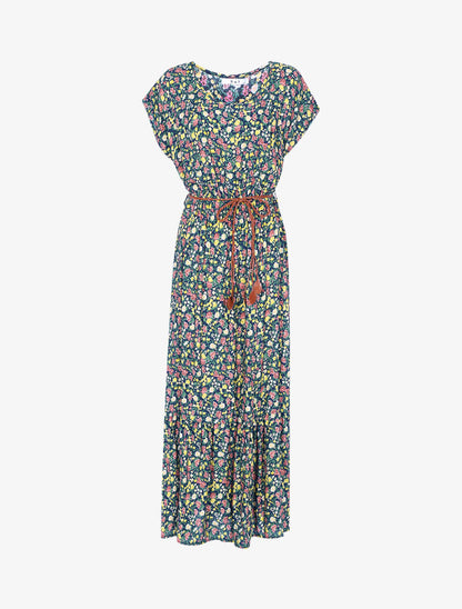 Robe longue à imprimé petites fleurs - marine - 1