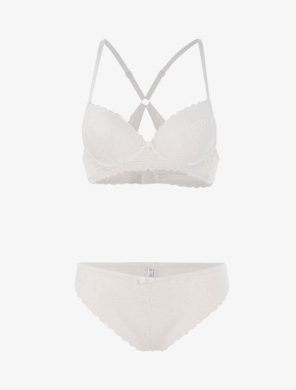 Ensemble dentelle fleurie à dos nageur et tanga - blanc - 1