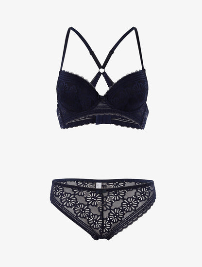 Ensemble dentelle fleurie à dos nageur et tanga - marine - 3