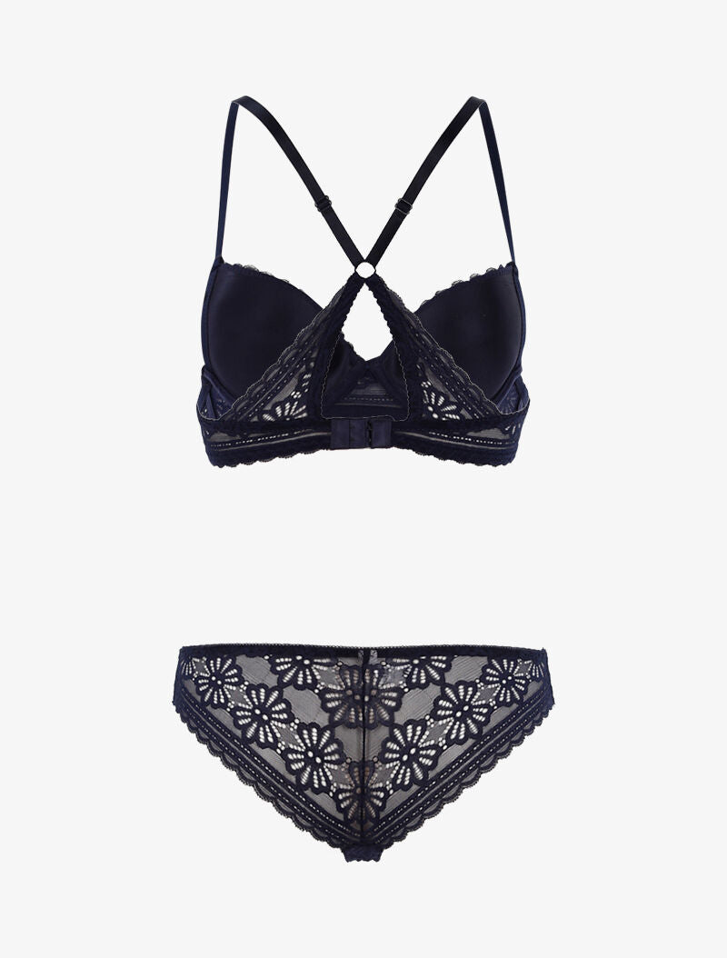 Ensemble dentelle fleurie à dos nageur et tanga - marine - 2