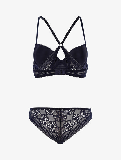 Ensemble dentelle fleurie à dos nageur et tanga - marine - 2