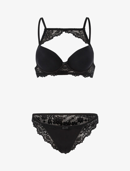 Ensemble à bande dentelle et tanga - noir - 1