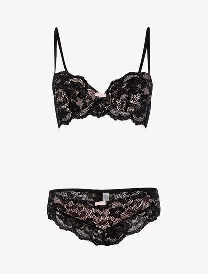 Ensemble dentelle doublée et tanga - noir/rose - 3