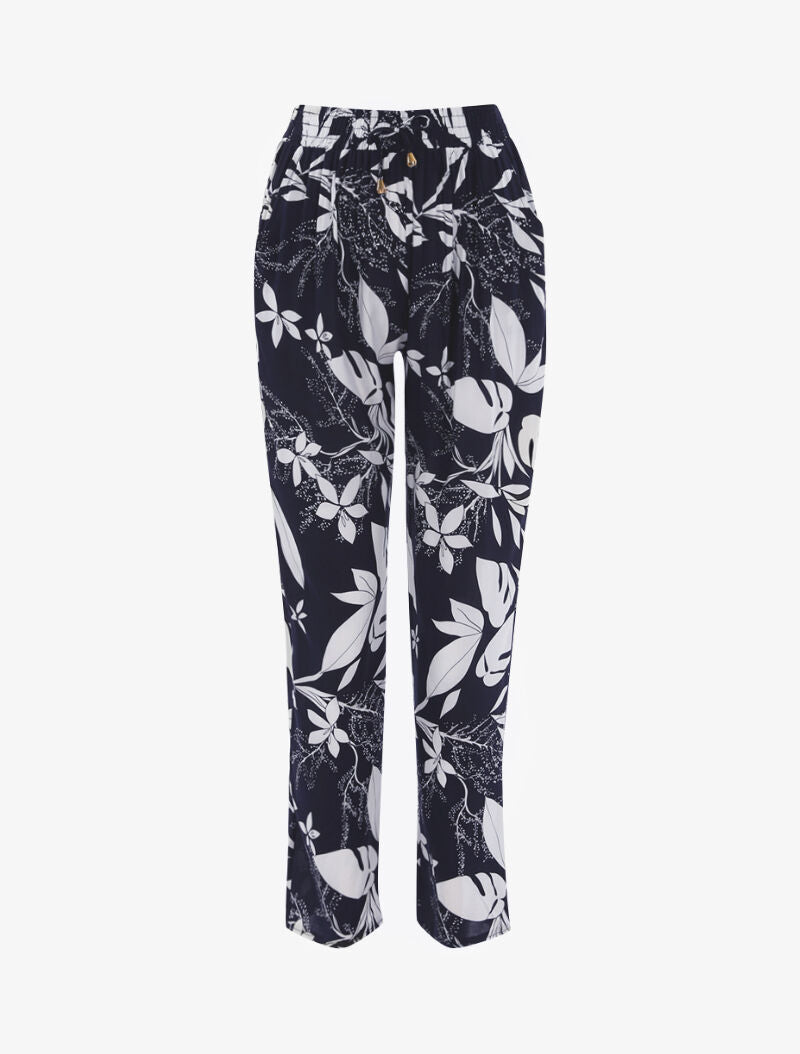 Pantalon à imprimé feuilles monochrome - marine - 1