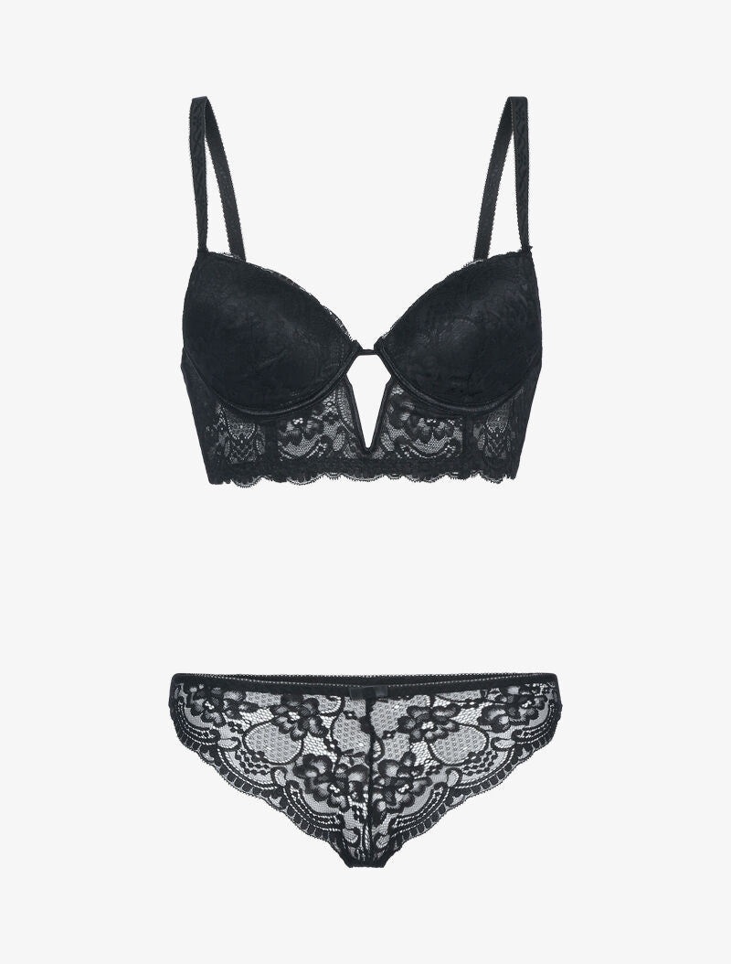 Ensemble bustier en dentelle fleurie - noir - 1