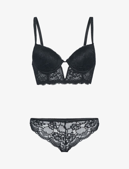 Ensemble bustier en dentelle fleurie - noir - 1