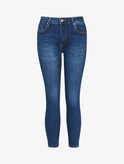 Jean 7/8 skinny taille haute strass - denim brut