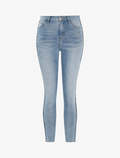Jean 7/8 à liserés tressés et brodés - denim clair
