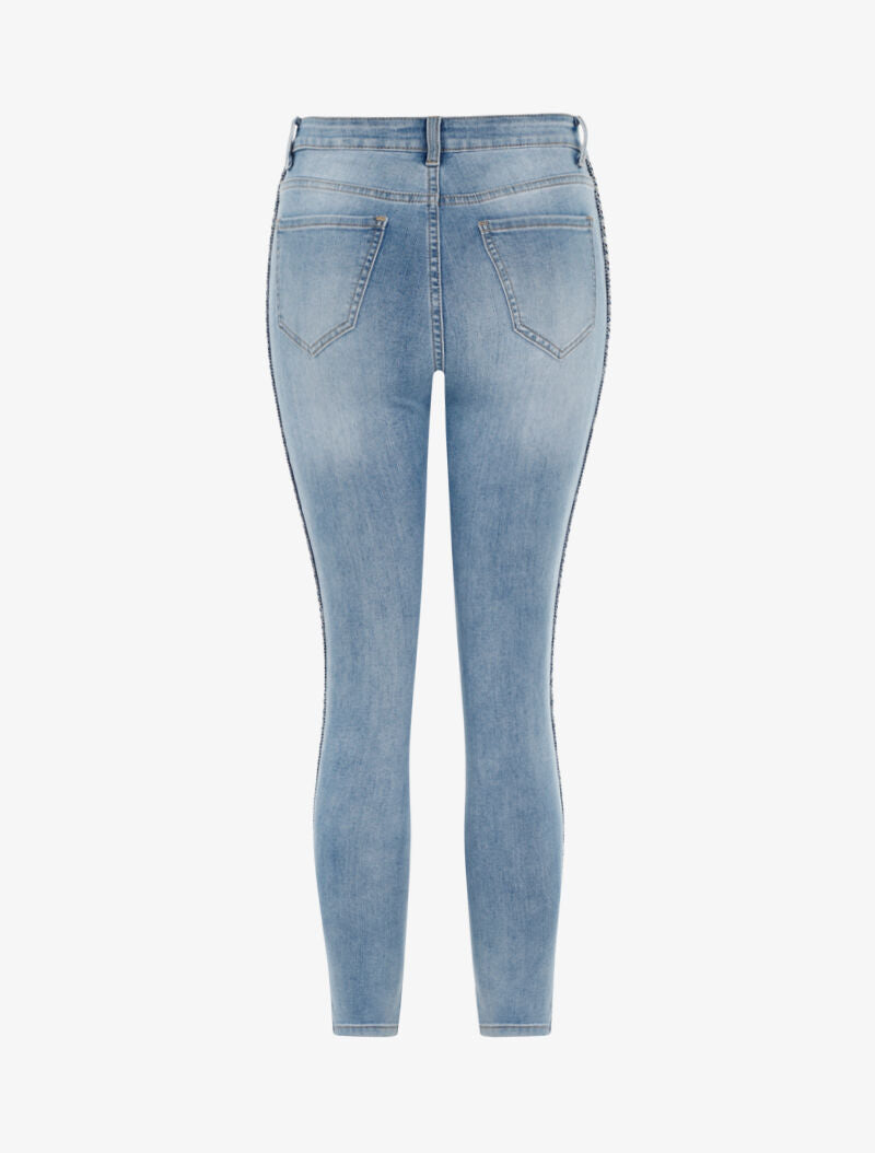 Jean 7/8 à liserés tressés et brodés - denim clair