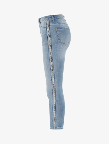 Jean 7/8 à liserés tressés et brodés - denim clair