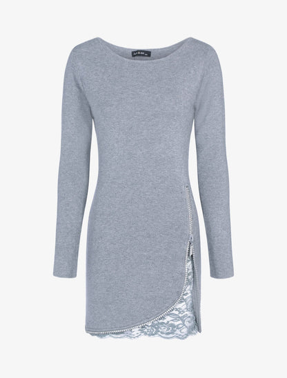 Robe pull à zip strassé et dentelle - gris clair - 3