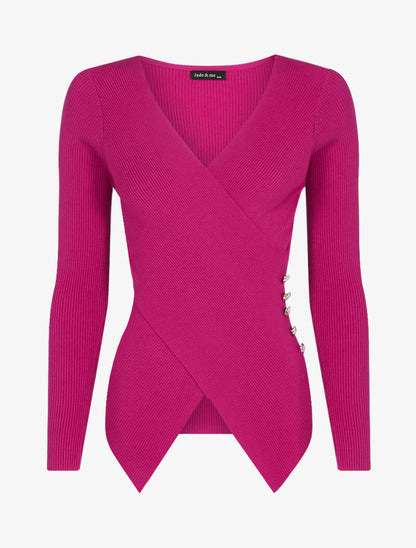 Pull côtelé à pans croisés - fushia - 3