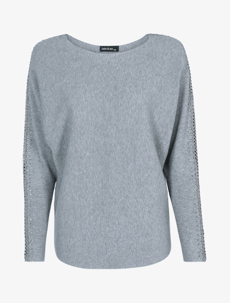 Pull doux à manches ajourées et cloutées - gris clair - 1