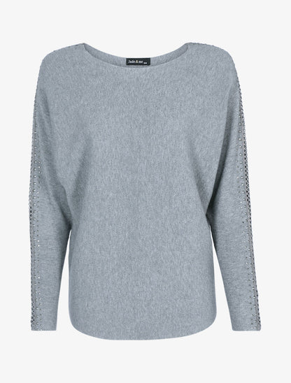 Pull doux à manches ajourées et cloutées - gris clair - 1