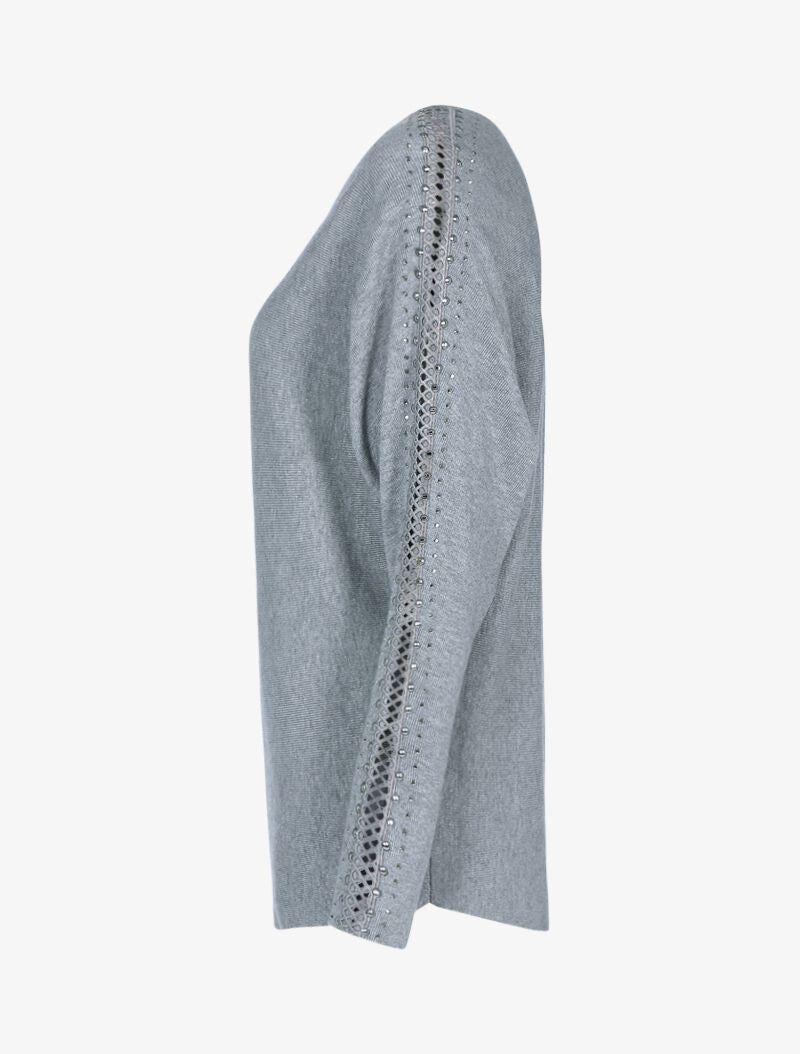 Pull doux à manches ajourées et cloutées - gris clair - 3