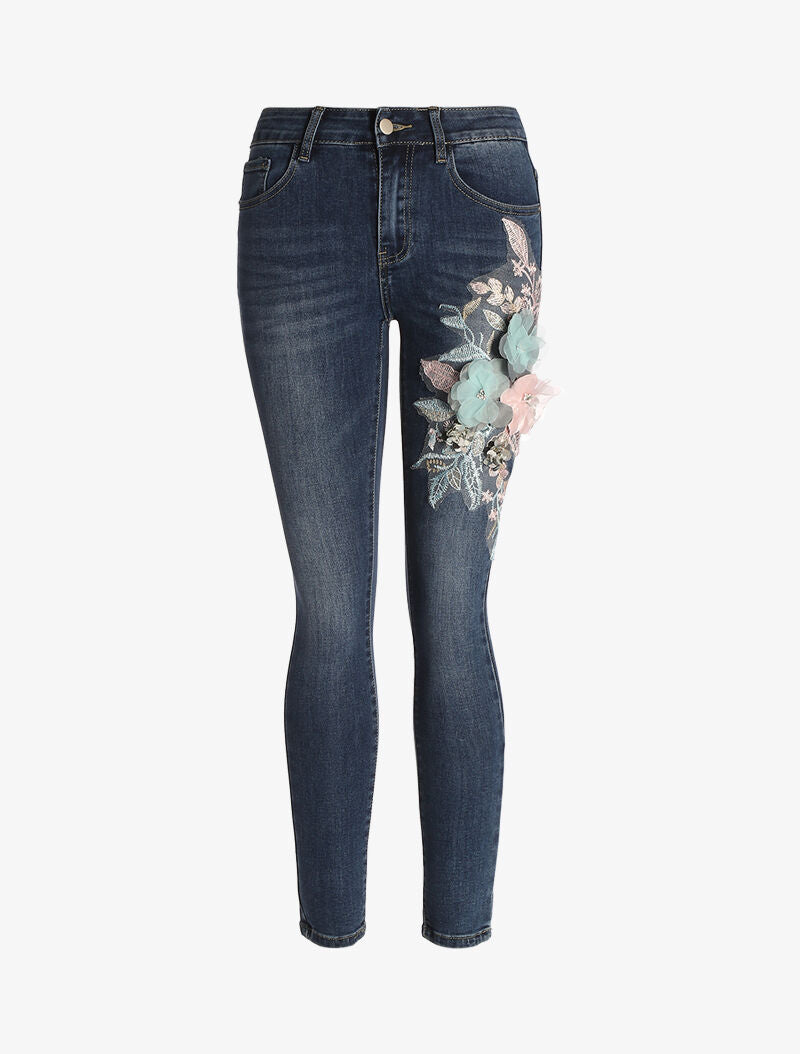 Jean 7/8 skinny fleuri - denim brut