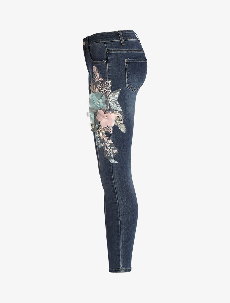 Jean 7/8 skinny fleuri - denim brut