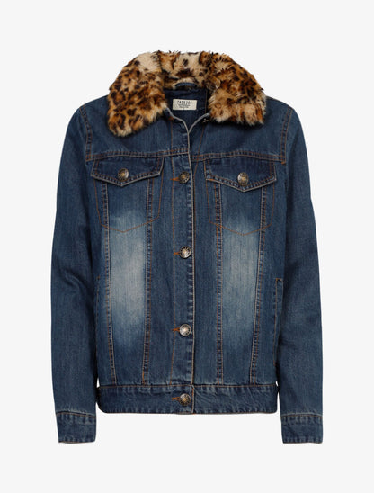 Veste en jean à col style léopard - bleu denim - 1