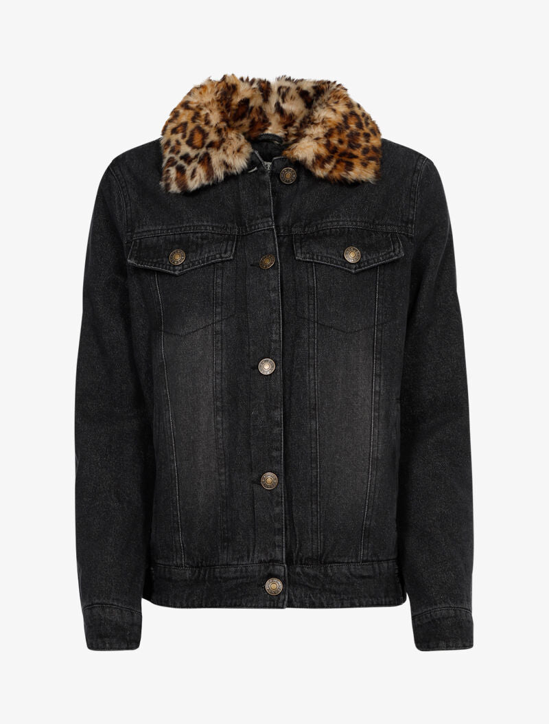 Veste en jean à col style léopard - noir - 1