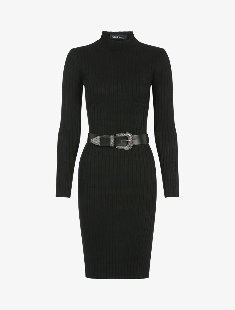 Robe-pull côtelée à col montant - noir - 1