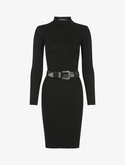 Robe-pull côtelée à col montant - noir - 1