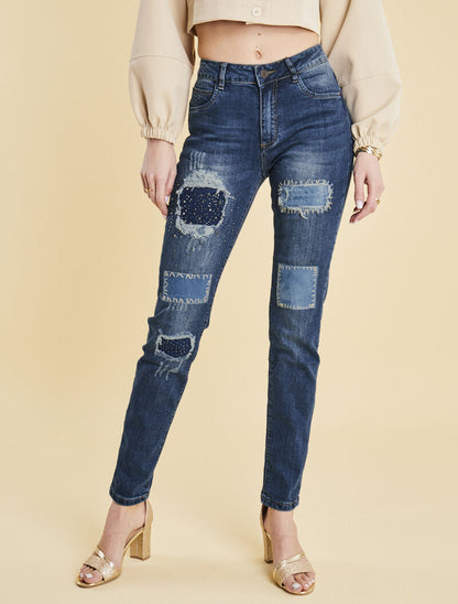 Jean à empiècements strassés - bleu denim - 1