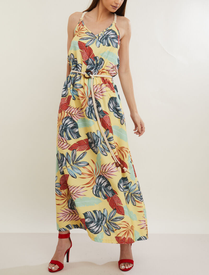Robe longue à imprimé tropical - jaune - 1