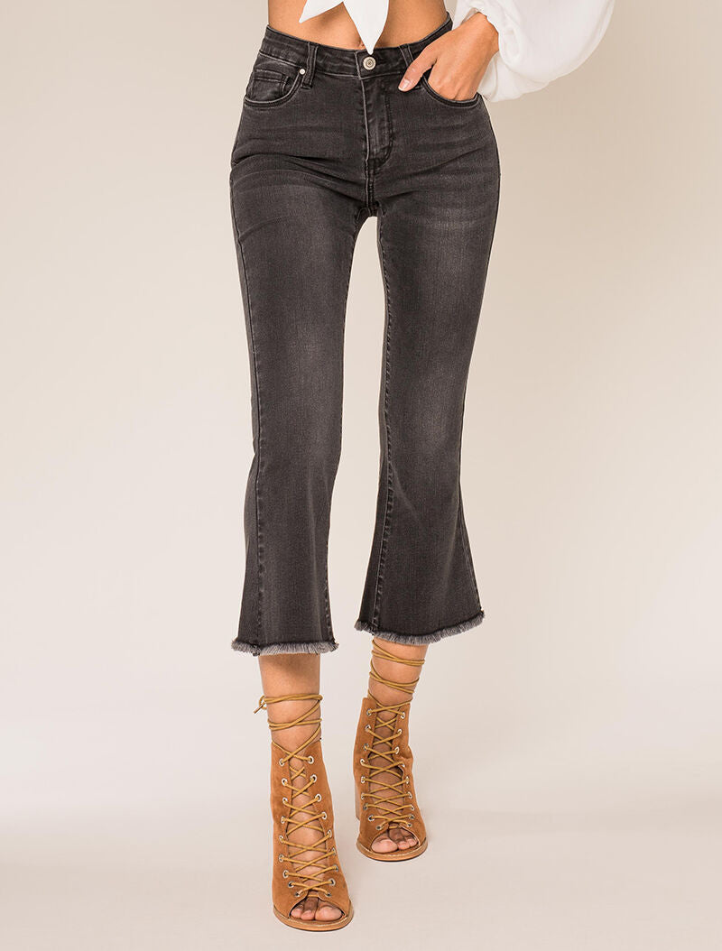 Jean 7/8 évasé effiloché - anthracite