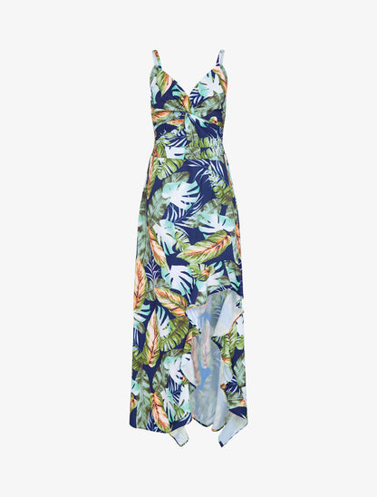Robe longue imprimé estivale à côté fendu - marine - 2