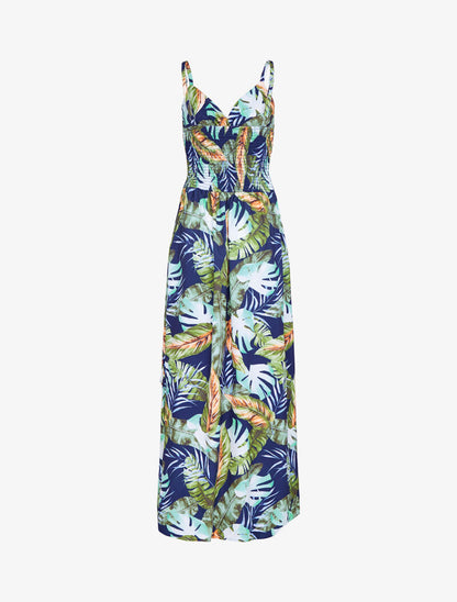 Robe longue imprimé estivale à côté fendu - marine - 3