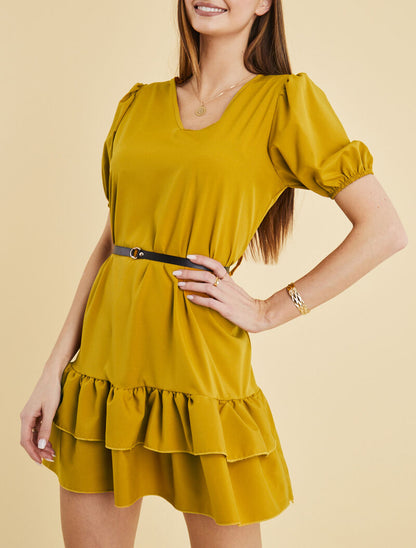 Robe courte unie à manches ballons et bord à basques - moutarde - 4