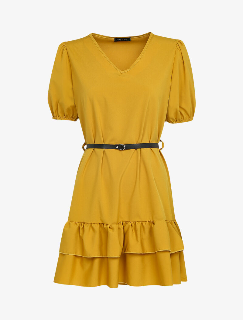 Robe courte unie à manches ballons et bord à basques - moutarde - 2